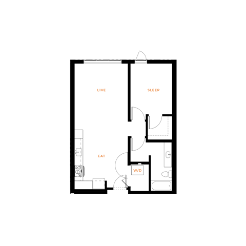 Floor plan for 1 bed, 1 bath, 728 sqft